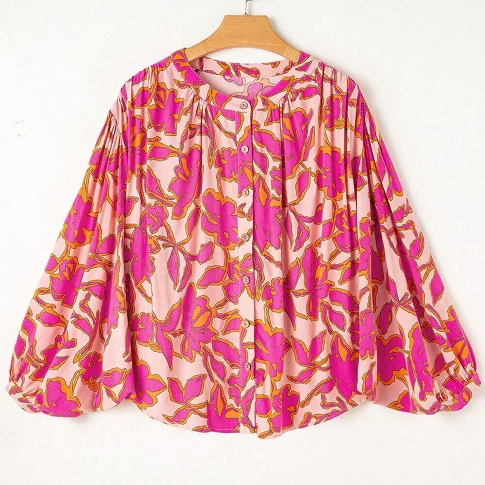 Multicolor Boho Women's Floral Print Batwing Sleeve Buttoned Loose Fit Shirt - Picture 6 of 8
